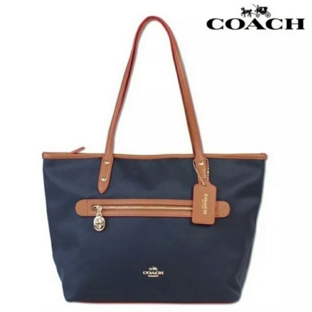 Coach Navy and Brown Tote Bag - Classic Leather-Trim Shoulder Tote